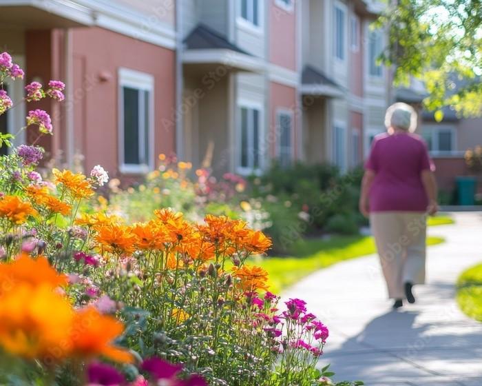 Elderly woman walking past accommodation