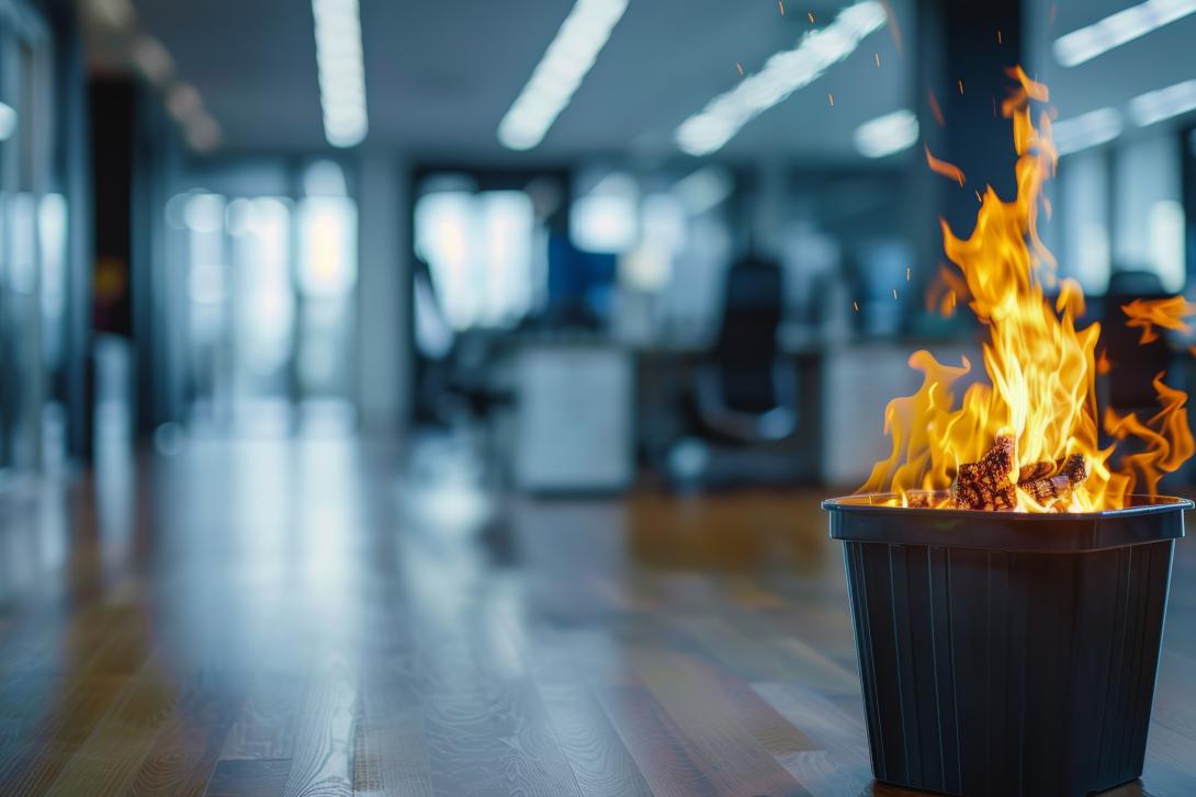 office interior with a fire in waste bin