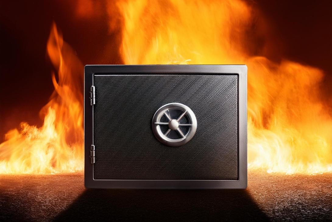 metal secure box with fire behind it