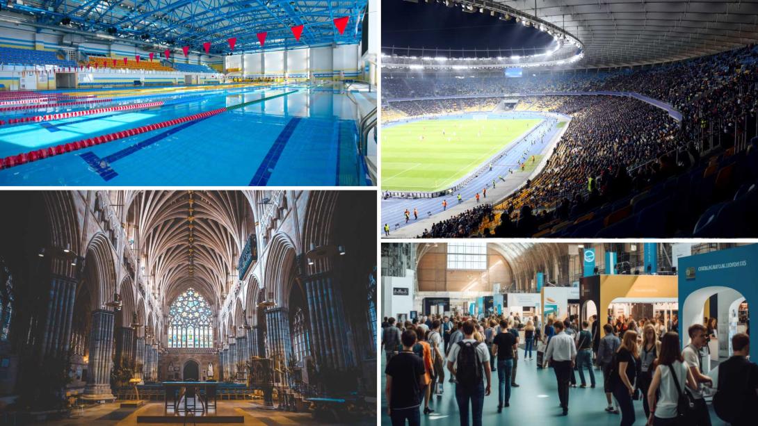 image showing a swimming pool, stadium, church and exhibition