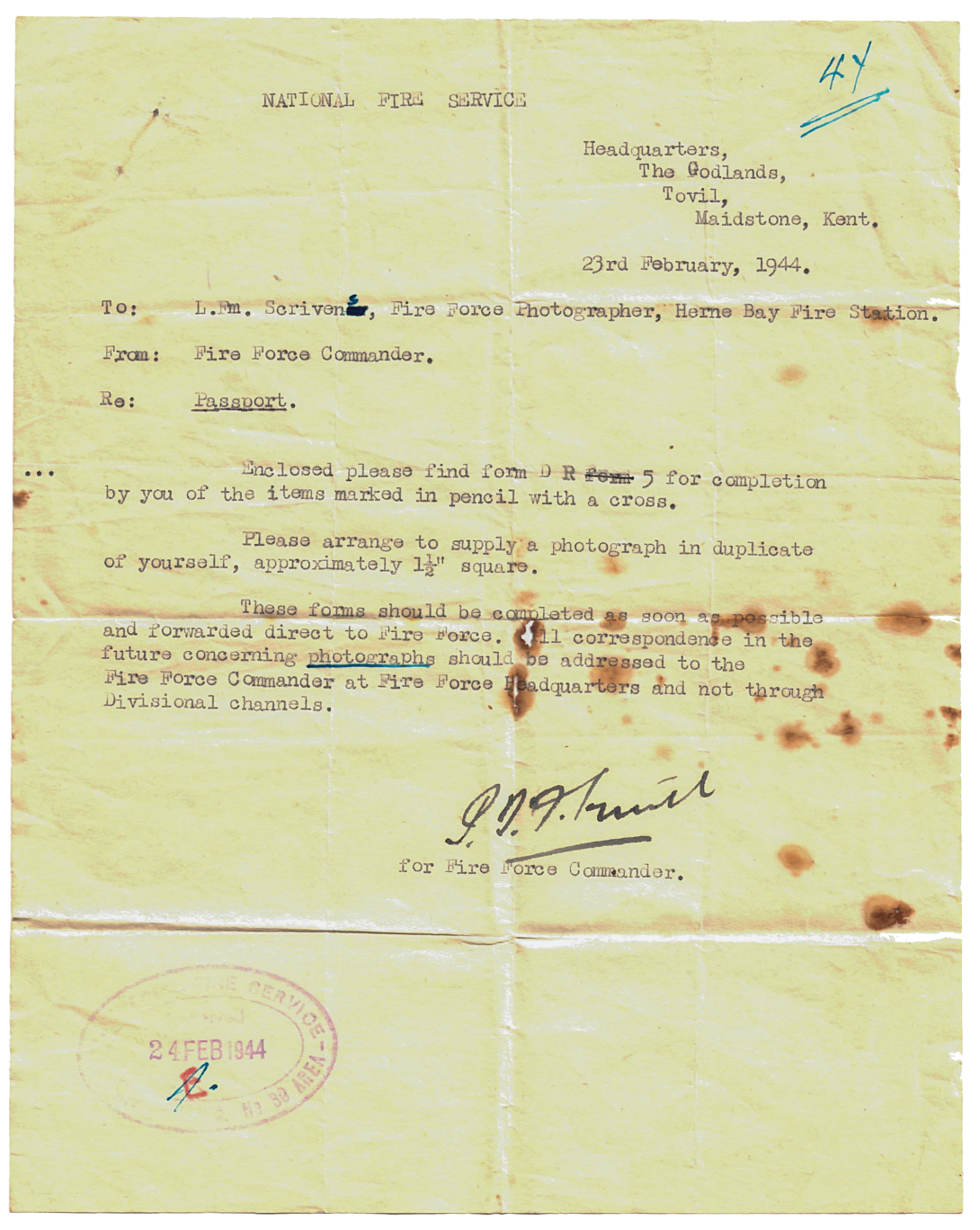 A letter to Albert Scrivens, dated February 1944