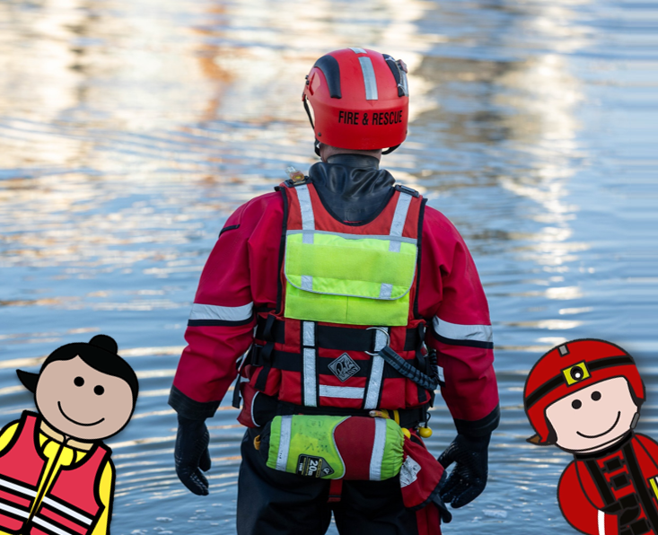 Person wearing water rescue PPE looking over a lake with an animated coastguard and firefighter in water rescue ppe either side